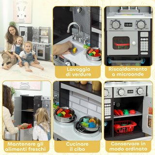 Cocina Juguete para Niños, Cocina de Madera para Niños, Cocinita Juguetes con Fogones, Microondas, Armarios, Fregadero, Ollas, Accesorios de Acero Inoxidable, 3-8 Años, 81X27X80Cm, Marrón