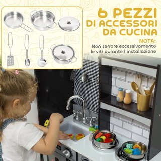 Cocina Juguete para Niños, Cocina de Madera para Niños, Cocinita Juguetes con Fogones, Microondas, Armarios, Fregadero, Ollas, Accesorios de Acero Inoxidable, 3-8 Años, 81X27X80Cm, Marrón