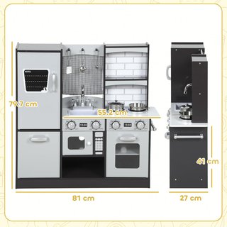 Cocina Juguete para Niños, Cocina de Madera para Niños, Cocinita Juguetes con Fogones, Microondas, Armarios, Fregadero, Ollas, Accesorios de Acero Inoxidable, 3-8 Años, 81X27X80Cm, Marrón