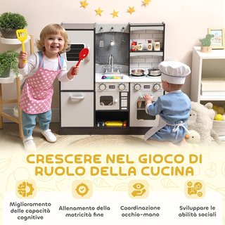 Cocina Juguete para Niños, Cocina de Madera para Niños, Cocinita Juguetes con Fogones, Microondas, Armarios, Fregadero, Ollas, Accesorios de Acero Inoxidable, 3-8 Años, 81X27X80Cm, Marrón
