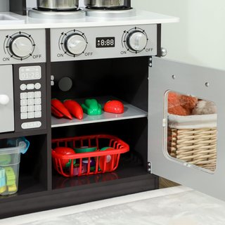 Cocina Juguete para Niños, Cocina de Madera para Niños, Cocinita Juguetes con Fogones, Microondas, Armarios, Fregadero, Ollas, Accesorios de Acero Inoxidable, 3-8 Años, 81X27X80Cm, Marrón