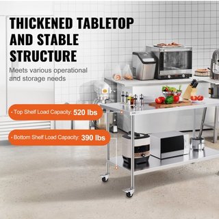 Mesa de Trabajo de Acero Inoxidable 30 x 60 x 38 Pulgadas, con 4 Ruedas, 3 Niveles de Altura Ajustables, Mesa de Trabajo Pesada para Preparación de Alimentos en Cocina Comercial Restaurante, Plata