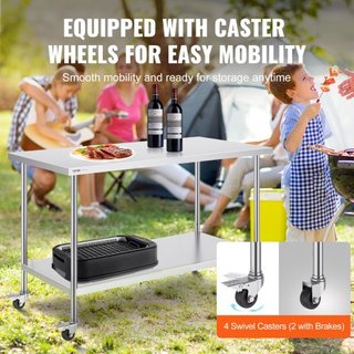 Mesa de Trabajo de Acero Inoxidable 30 x 60 x 38 Pulgadas, con 4 Ruedas, 3 Niveles de Altura Ajustables, Mesa de Trabajo Pesada para Preparación de Alimentos en Cocina Comercial Restaurante, Plata