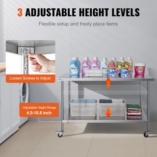 Mesa de Trabajo de Acero Inoxidable 30 x 60 x 38 Pulgadas, con 4 Ruedas, 3 Niveles de Altura Ajustables, Mesa de Trabajo Pesada para Preparación de Alimentos en Cocina Comercial Restaurante, Plata