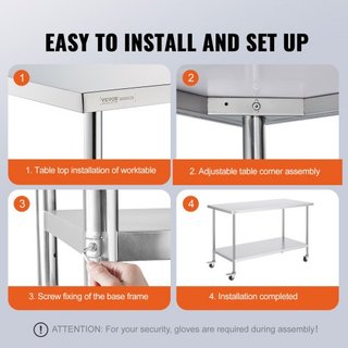 Mesa de Trabajo de Acero Inoxidable 30 x 60 x 38 Pulgadas, con 4 Ruedas, 3 Niveles de Altura Ajustables, Mesa de Trabajo Pesada para Preparación de Alimentos en Cocina Comercial Restaurante, Plata