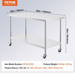 Mesa de Trabajo de Acero Inoxidable 30 x 60 x 38 Pulgadas, con 4 Ruedas, 3 Niveles de Altura Ajustables, Mesa de Trabajo Pesada para Preparación de Alimentos en Cocina Comercial Restaurante, Plata