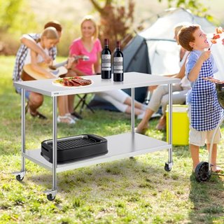 Mesa de Trabajo de Acero Inoxidable 30 x 60 x 38 Pulgadas, con 4 Ruedas, 3 Niveles de Altura Ajustables, Mesa de Trabajo Pesada para Preparación de Alimentos en Cocina Comercial Restaurante, Plata