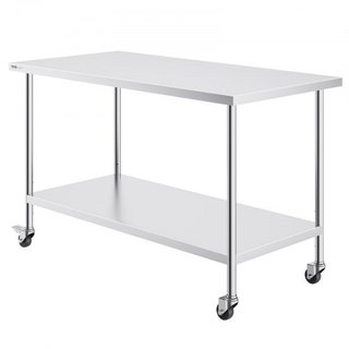 Mesa de Trabajo de Acero Inoxidable 30 x 60 x 38 Pulgadas, con 4 Ruedas, 3 Niveles de Altura Ajustables, Mesa de Trabajo Pesada para Preparación de Alimentos en Cocina Comercial Restaurante, Plata
