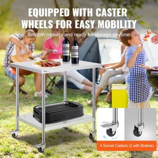 Mesa de Trabajo de Acero Inoxidable 30 x 36 x 38 Pulgadas, con 4 Ruedas, 3 Niveles de Altura Ajustables, Mesa de Trabajo Pesada para Preparación de Alimentos en Cocina Comercial Restaurante, Plata