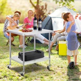 Mesa de Trabajo de Acero Inoxidable 30 x 36 x 38 Pulgadas, con 4 Ruedas, 3 Niveles de Altura Ajustables, Mesa de Trabajo Pesada para Preparación de Alimentos en Cocina Comercial Restaurante, Plata