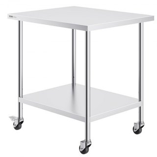 Mesa de Trabajo de Acero Inoxidable 30 x 36 x 38 Pulgadas, con 4 Ruedas, 3 Niveles de Altura Ajustables, Mesa de Trabajo Pesada para Preparación de Alimentos en Cocina Comercial Restaurante, Plata