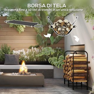 Portalegna De Exterior De Metal Con Cubierta Impermeable Y Ajustable, Leñera De Interior Con Bolsa De Tela, 120X36X99 Cm, Negro