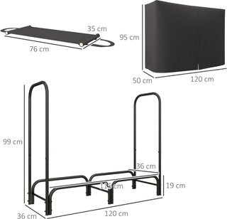 Portalegna De Exterior De Metal Con Cubierta Impermeable Y Ajustable, Leñera De Interior Con Bolsa De Tela, 120X36X99 Cm, Negro
