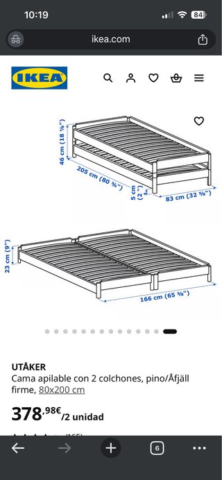 Cama doble IKEA UTÅKER 80/160+colchones. Badalona