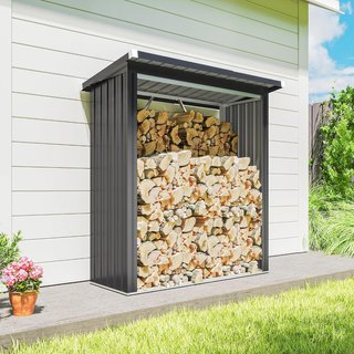 Estante de Madera Exterior de Acero Galvanizado con Base Elevada y Techo Inclinado, Caseta para Madera, Montaje Rápido, 0.9M³, 150X66.5X150 Cm, Gris Oscuro