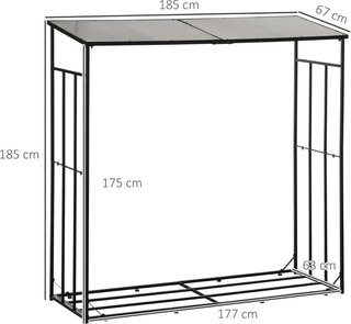 Leñera Exterior de Metal con Techo de Policarbonato, Portaleña con Capacidad de Carga 2100Kg, 185X67X185 Cm, Negro