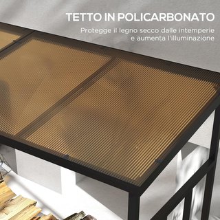 Leñera Exterior de Metal con Techo de Policarbonato, Portaleña con Capacidad de Carga 2100Kg, 185X67X185 Cm, Negro