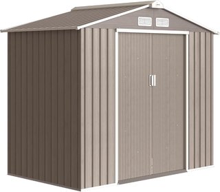 Caseta de Jardín para Herramientas de Hoja de Acero con Fundación, 2.42M² Cobertizo de Jardín de Acero con Puertas Correderas, 213X130X185 Cm, Marrón Claro