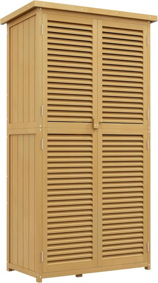 Caseta de Herramientas de Jardín de Madera de Abeto y Pino con 4 Compartimentos, Armario de Exterior para Herramientas de Jardín con Techo Impermeable, 87X46.5X160Cm, Amarillo