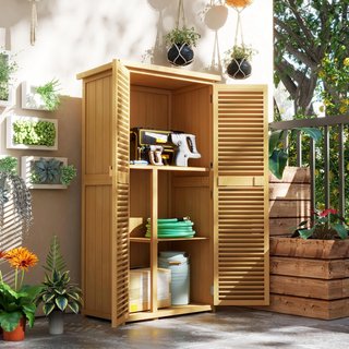 Caseta de Herramientas de Jardín de Madera de Abeto y Pino con 4 Compartimentos, Armario de Exterior para Herramientas de Jardín con Techo Impermeable, 87X46.5X160Cm, Amarillo
