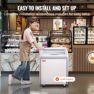 Vitrina de Helados Comercial, Congelador de Cofre de 154 L, Congelador Profundo de Cristal Móvil, Gabinete de Dipping de Gelato para Restaurante con 2 Cestas de Alambre, 2 Puertas de Cristal Desli...
