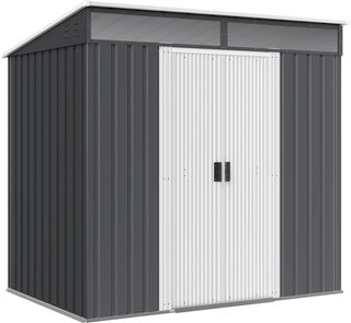 Caseta de Jardín para Herramientas de Acero 1.2X2X1.8M Con Base, Cobertizo de Jardín Con Ventanas Transparentes, Cerradura, Puerta Corredera, Techo Inclinado, 2 Ganchos y 2 Salidas de Aire, Gris
