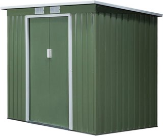 Caseta de Jardín de Acero con Techo Inclinado, Doble Puerta Corredera y Ventilaciones, 213X130X173 Cm, Verde