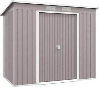Casita de Jardín 2.42M² de Acero Galvanizado con Kit de Fundación, Salidas de Aire, Cobertizo para Herramientas con Doble Puerta Corredera Bloqueable, Techo Inclinado, 213X130X172 Cm, Gris