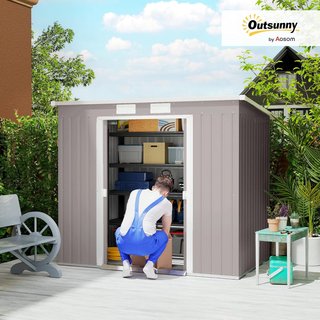 Casita de Jardín 2.42M² de Acero Galvanizado con Kit de Fundación, Salidas de Aire, Cobertizo para Herramientas con Doble Puerta Corredera Bloqueable, Techo Inclinado, 213X130X172 Cm, Gris