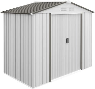 Caseta De Jardín 2.5M² de Acero Galvanizado Con Base Y Salidas De Aire, Cobertizo Para Herramientas Con Techo Inclinado, Doble Puertas Correderas Bloqueables, 213X130X185 Cm, Blanco Plateado