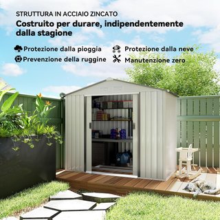 Caseta De Jardín 2.5M² de Acero Galvanizado Con Base Y Salidas De Aire, Cobertizo Para Herramientas Con Techo Inclinado, Doble Puertas Correderas Bloqueables, 213X130X185 Cm, Blanco Plateado