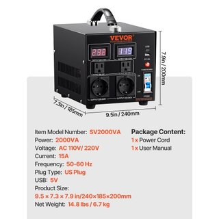 Convertidor de Voltaje Transformador, 2000VA, Transformador Pesado de Paso Arriba/Abajo, Convierte de 110 Voltios a 220 Voltios y de 220 Voltios a 110 Voltios, con Salida US Salida EU Puerto USB 5...