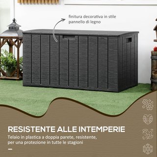 Baúl De Exterior De 366L Efecto Madera Con Tapa De Doble Palanca, 2 Asas Y 2 Ruedas, Cofre Contenedor De Exterior De Plástico, 122.4X62X64.5 Cm, Negro