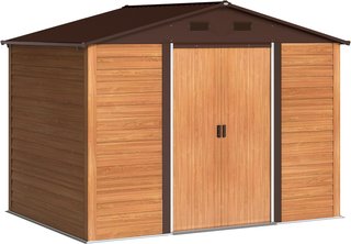 Caseta De Jardín 4.84M² De Acero Galvanizado Con Orificios De Drenaje, Ventilaciones, Cobertizo Para Herramientas Con Techo Inclinado, Doble Puerta Corredera Bloqueable, Diseño Efecto Madera, Marrón