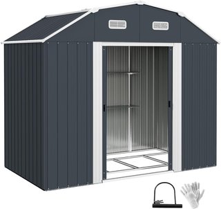 Caseta De Jardín 2.7M² De Acero Galvanizado Con Estantes Regulables, Salidas De Aire, Cobertizo De Jardín Con Cerradura, Techo Inclinado, Doble Puertas Correderas Bloqueables, Gris Oscuro