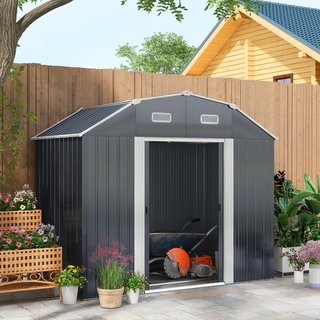 Caseta De Jardín 2.7M² De Acero Galvanizado Con Estantes Regulables, Salidas De Aire, Cobertizo De Jardín Con Cerradura, Techo Inclinado, Doble Puertas Correderas Bloqueables, Gris Oscuro