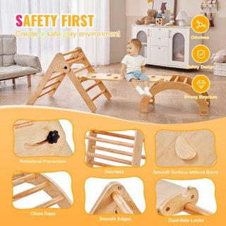 Conjunto de Triángulo Pikler, Juguetes de Escalada para Niños de 5 en 1, Parque Infantil Interior, Conjunto de Escalada Montessori con Triángulo, Rampa y Arco, Gimnasio de Escalada de Madera de Gr...