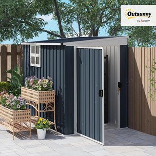 Caseta De Jardín 2.6M² De Acero Galvanizado Con 2 Rejillas De Ventilación Y Ventana Transparente, Cobertizo Para Herramientas Con Techo Inclinado, Puerta Bloqueable, Impermeable Y Anti UV, Gris Oscuro