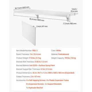 Mesa Plegable Montada en la Pared, 35.4 x 19.7 pulgadas Mesa de Montaje en la Pared, Escritorio Flotante con Soporte de Hierro, Escritorio Plegable para Espacios Pequeños, Oficina en Casa, Comedor...