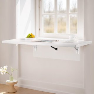 Mesa Plegable Montada en la Pared, 35.4 x 19.7 pulgadas Mesa de Montaje en la Pared, Escritorio Flotante con Soporte de Hierro, Escritorio Plegable para Espacios Pequeños, Oficina en Casa, Comedor...
