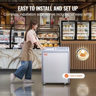 Vitrina de Helados Comercial, Congelador de Cofre de 158 L, Congelador Profundo Móvil con Tapa de Vidrio, Gabinete de Dipping de Gelato para Restaurante, 2 Puertas de Vidrio Deslizantes, Ruedas co...