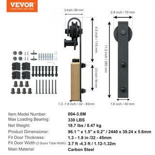 Kit de Hardware para Puerta de Granero Deslizante de 243.8 cm, Kit de Pista de Puerta de Granero de 149.7 kg para Puertas Dobles, Acomoda Ancho Total de 112-131 cm y Paneles de Puerta de 3.3-4.6 c...