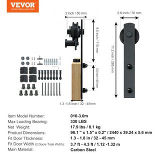 Kit de Hardware para Puerta de Granero Deslizante de 243.8 cm, Kit de Pista de Puerta de Granero de 149.7 kg para Puertas Dobles, Acomoda Ancho Total de 112-131 cm y Paneles de Puerta de 3.3-4.6 c...