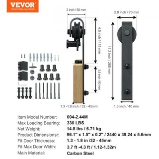 Kit de Hardware para Puerta de Granero Deslizante de 8FT, Capacidad de Carga de 149.7 kg, Kit de Riel de Puerta de Granero Pesado para Puerta Individual, Acomoda Panel de Puerta de 112.8-131.1 cm ...