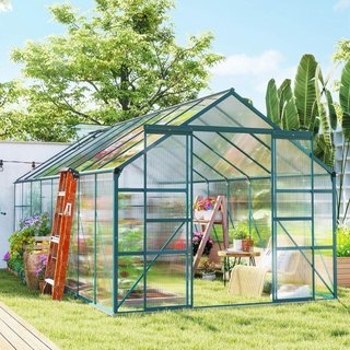 Invernadero de Policarbonato con Puerta Corredera y Ventana Abatible, Invernadero para Plantas de Aluminio, 244X500X216 Cm, Verde