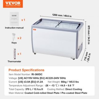 Vitrina de Helados Comercial, Congelador de Cofre de 370 L, Congelador Profundo de Cristal Móvil, Gabinete de Dipping de Gelato para Restaurante con 8 Grandes Tinas, 2 Puertas de Cristal Deslizant...