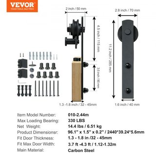Kit de Hardware para Puerta de Granero Deslizante de 243.8 cm, Capacidad de Carga de 149.7 kg, Kit de Pista de Puerta de Granero de Alta Resistencia para Puerta Individual, Acomoda Panel de Puerta...
