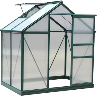 Invernadero de Jardín de Policarbonato 190X132X201Cm, Invernadero para Plantas con Base, Estructura de Aluminio, Ventana y Puerta Corredera