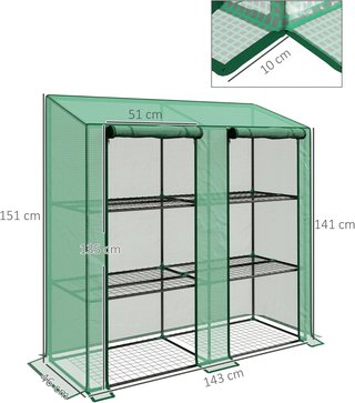 Invernadero de Jardín con Cubierta de PE y 6 Estantes de Malla, Invernadero Adosado para Balcón con 2 Puertas Enrollables, 143X46X151Cm, Verde