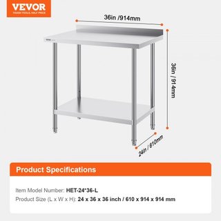 Mesa de Trabajo de Acero Inoxidable de 24 x 36 x 36 Pulgadas, Mesa de Preparación de Alimentos Comercial, Mesa de Trabajo Pesada, Mesa de Trabajo de Metal con Altura Ajustable para Restaurante, Ho...